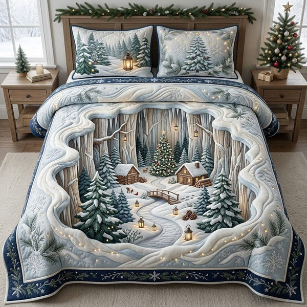 Cozy Pine Trees quilted 3-piece bedding set on a made bed with two matching pillow shams