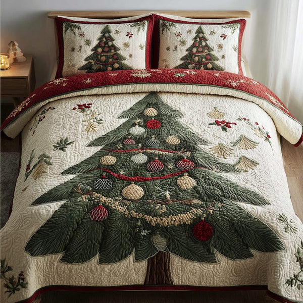 Cozy Pines quilted 3-piece bedding set on a made bed with two matching pillow shams