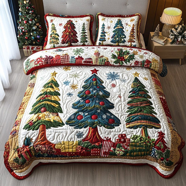 Cozy Pines quilted 3-piece bedding set on a made bed with two matching pillow shams
