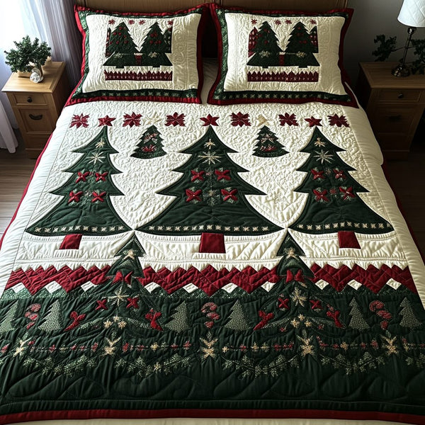 Cozy Pines quilted 3-piece bedding set on a made bed with two matching pillow shams