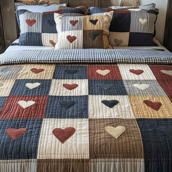 Cozy Plaid quilted 3-piece bedding set on a made bed in a farmhouse bedroom
