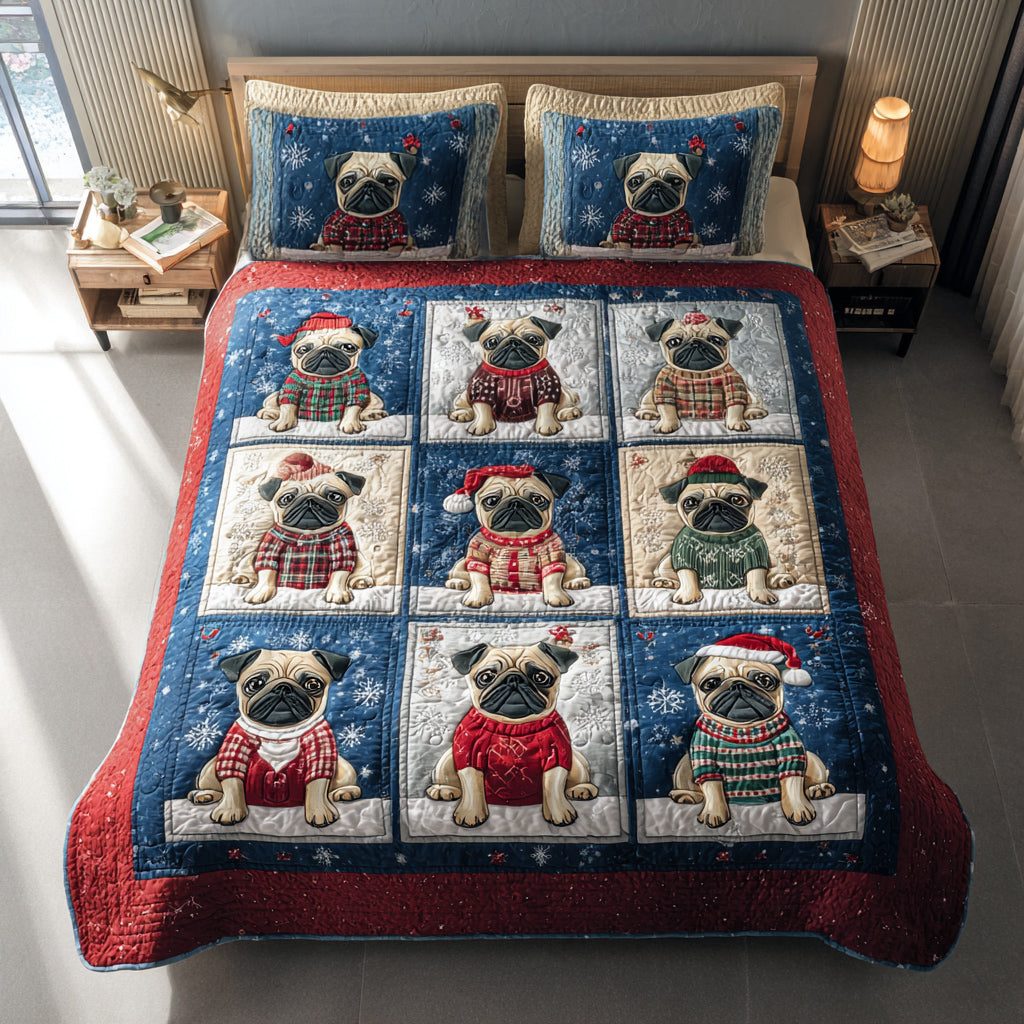 Cozy Pug Pals quilted 3-piece bedding set on a made bed with two matching pillow shams