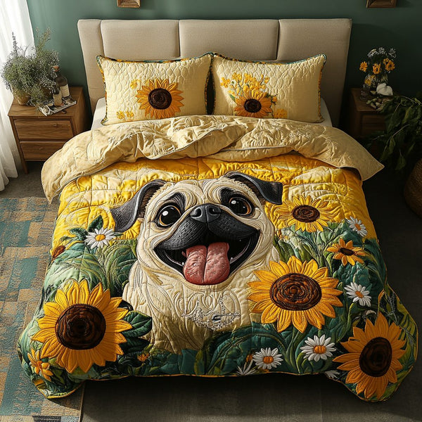 Cozy Pug quilted 3-piece bedding set on a made bed with two matching pillow shams