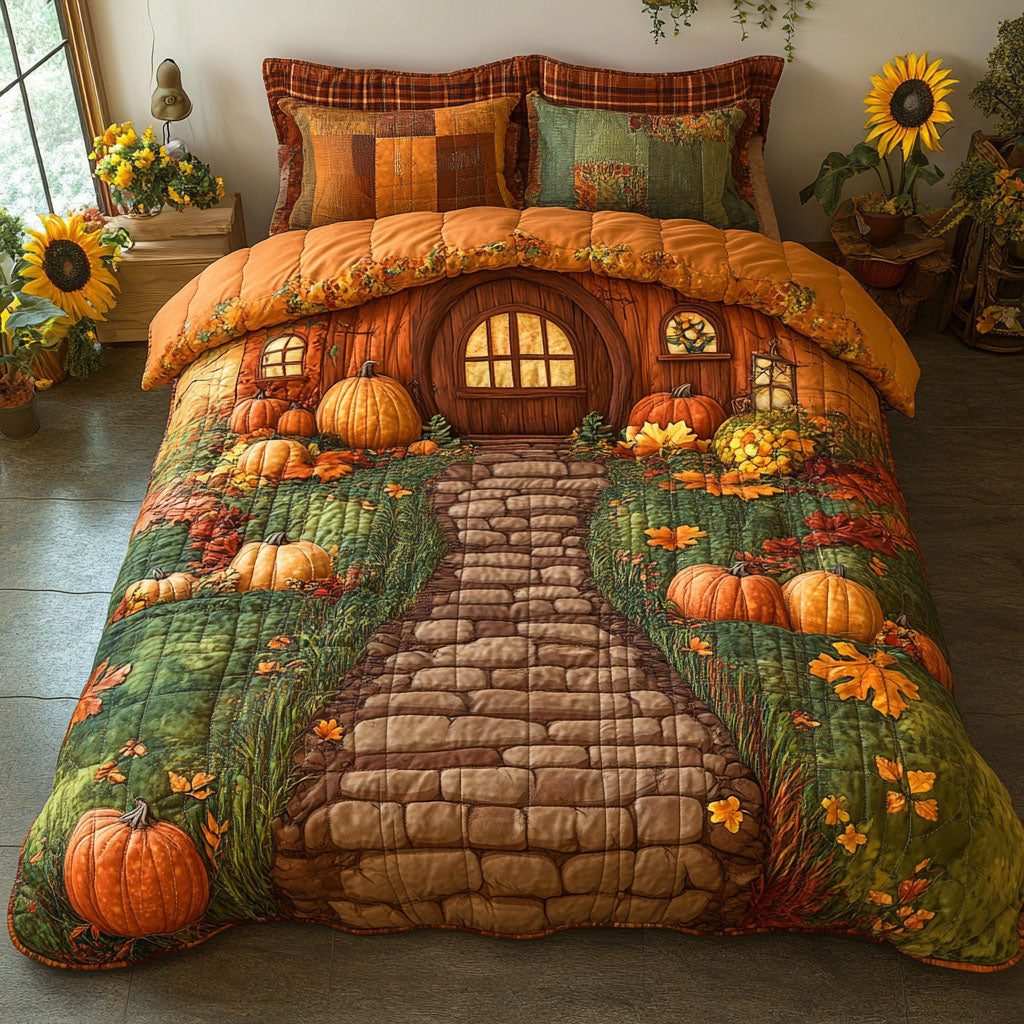 Cozy Pumpkin Dwelling quilted 3-piece bedding set on a made bed against a dark styled interior