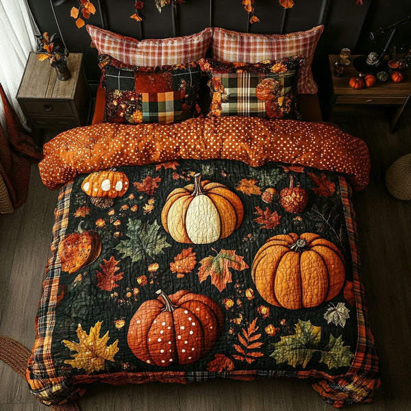 Cozy Pumpkin Fields quilted 3-piece bedding set on a made bed against a dark styled interior