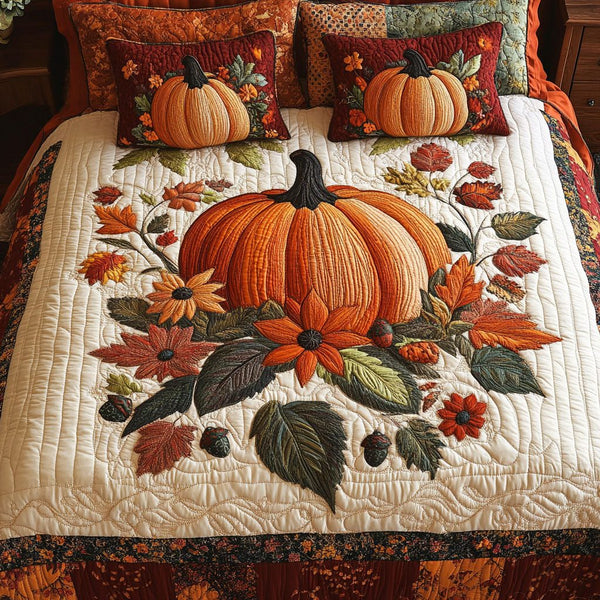 Cozy Pumpkin Memories quilted 3-piece bedding set on a made bed against a dark styled interior