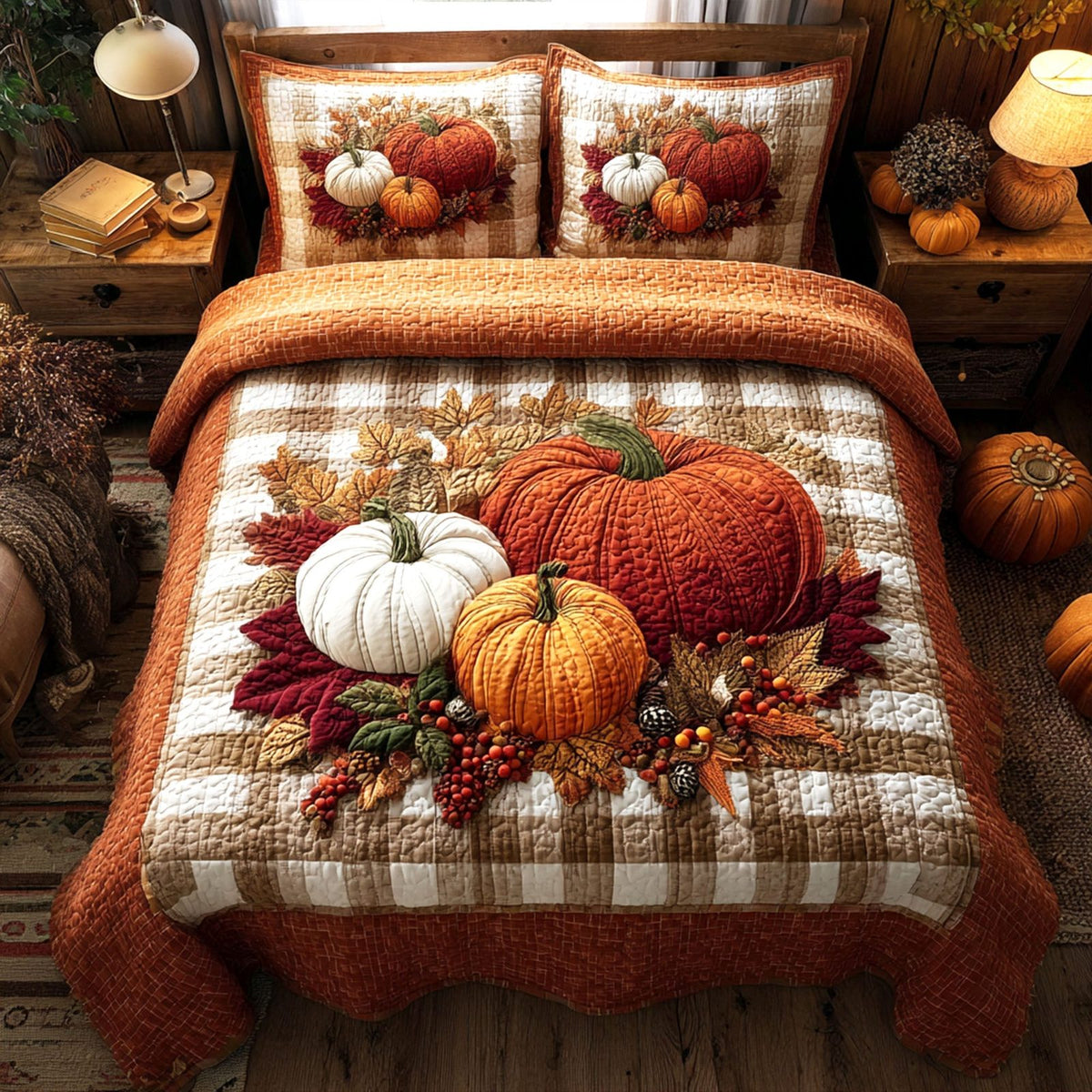 Cozy Pumpkin Nest quilted 3-piece bedding set on a made bed against a dark styled interior