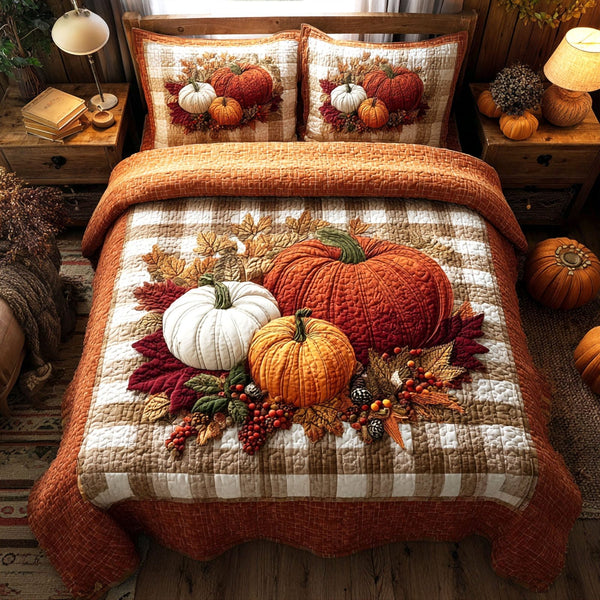 Cozy Pumpkin Nest quilted 3-piece bedding set on a made bed against a dark styled interior