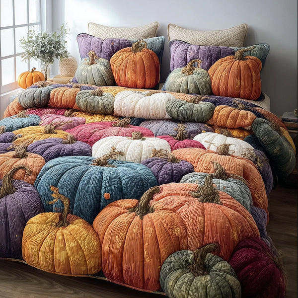 Cozy Pumpkin Patch quilted 3-piece bedding set on a made bed against a dark styled interior