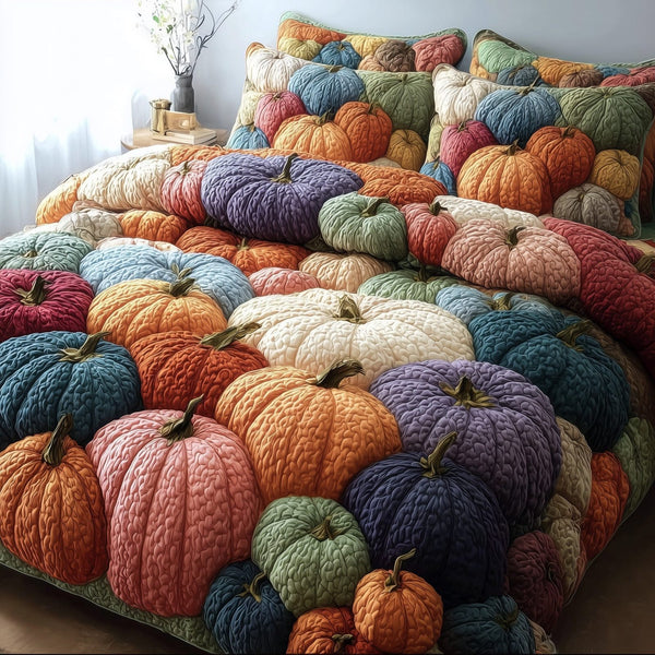 Cozy Pumpkin Patch quilted 3-piece bedding set on a made bed against a dark styled interior