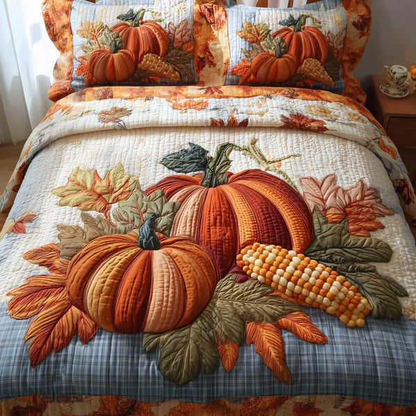 Cozy Pumpkin Patch quilted 3-piece bedding set on a made bed against a dark styled interior
