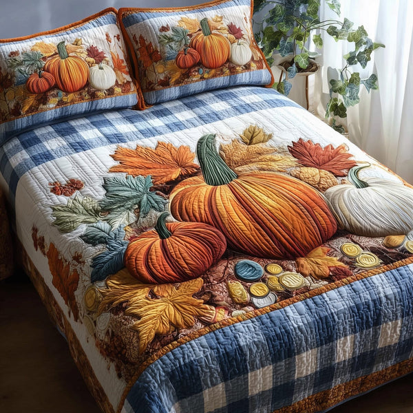 Cozy Pumpkin Patch quilted 3-piece bedding set on a made bed against a dark styled interior