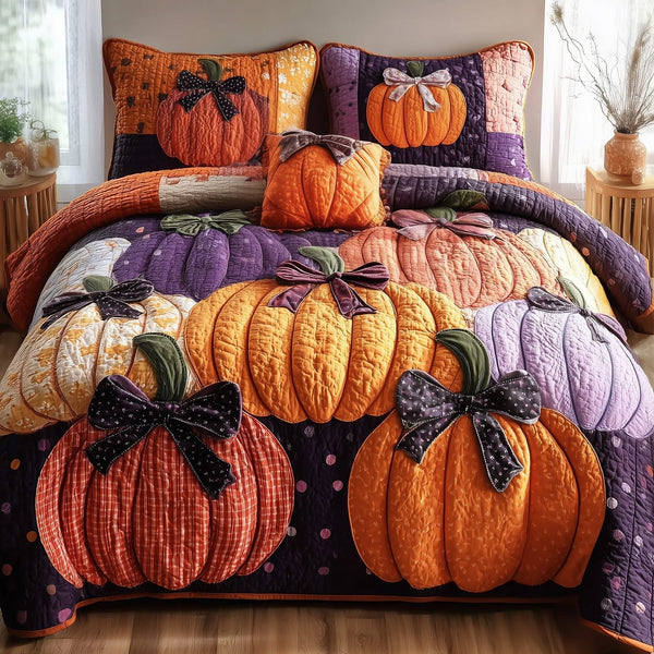 Cozy Pumpkin Patch quilted 3-piece bedding set on a made bed against a dark styled interior
