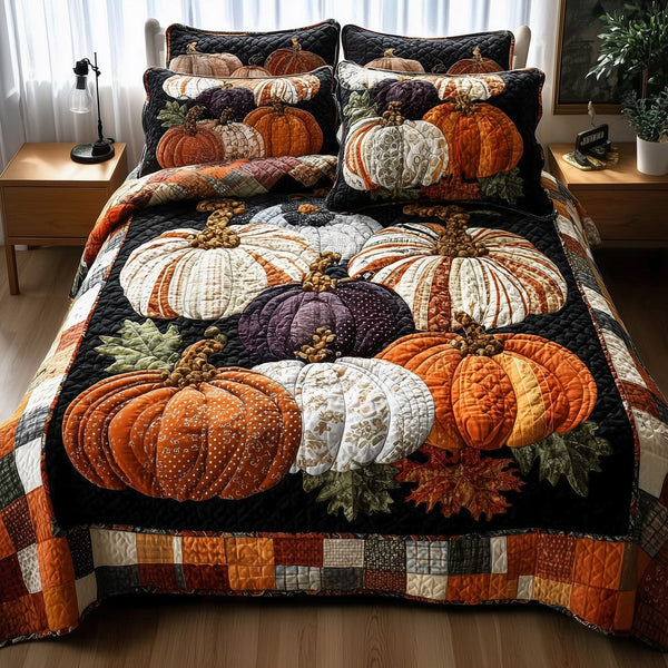Cozy Pumpkin Patch quilted 3-piece bedding set on a made bed against a dark styled interior