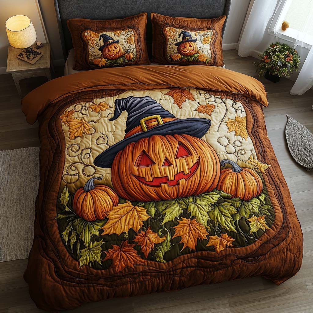 Cozy Pumpkin Patch quilted 3-piece bedding set on a made bed against a dark styled interior