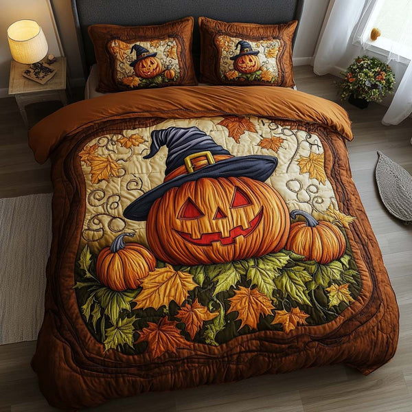 Cozy Pumpkin Patch quilted 3-piece bedding set on a made bed against a dark styled interior