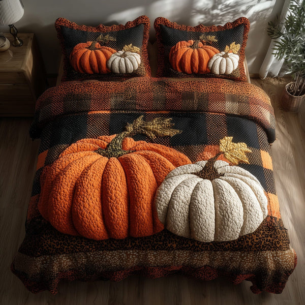 Cozy Pumpkin quilted 3-piece bedding set on a made bed against a dark styled interior