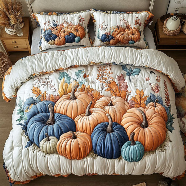 Cozy Pumpkin quilted 3-piece bedding set on a made bed against a dark styled interior