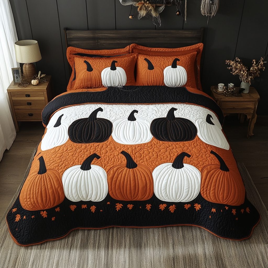 Cozy Pumpkin quilted 3-piece bedding set on a made bed against a dark styled interior