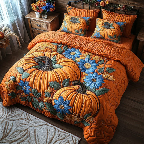 Cozy Pumpkin quilted 3-piece bedding set on a made bed against a dark styled interior