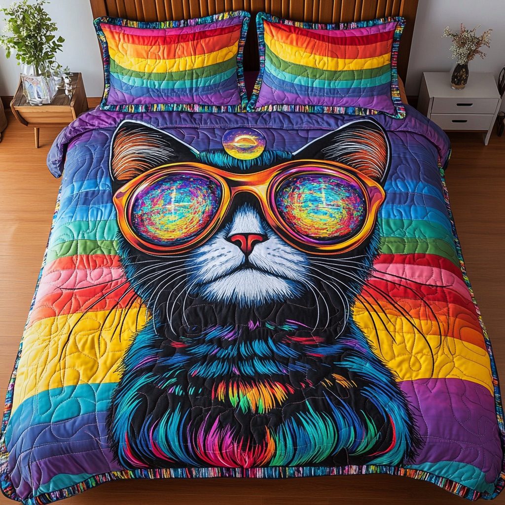 Cozy Purr quilted 3-piece bedding set on a made bed with two matching pillow shams
