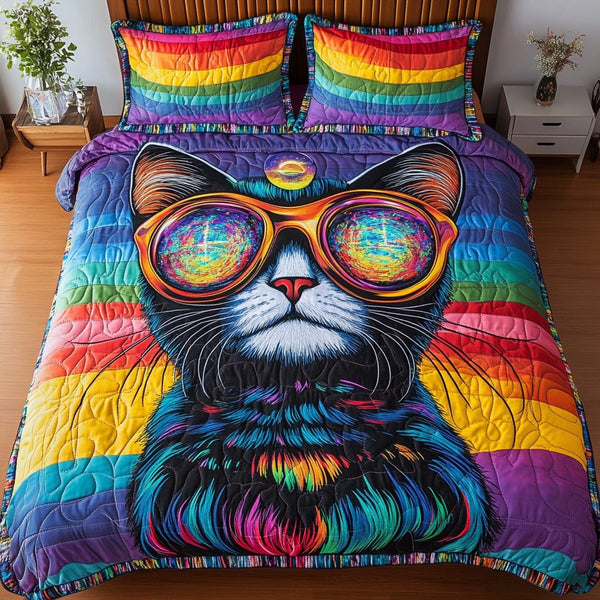 Cozy Purr quilted 3-piece bedding set on a made bed with two matching pillow shams