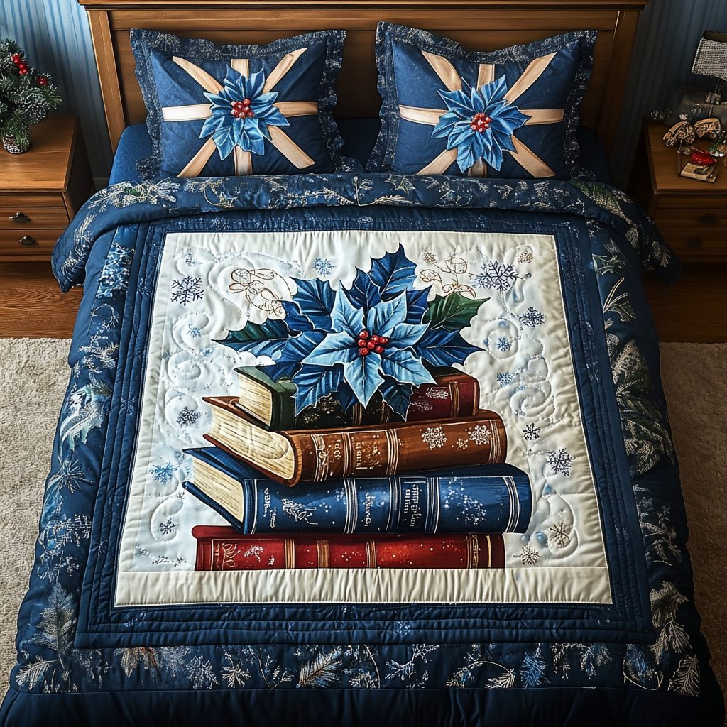 Cozy Reader quilted 3-piece bedding set on a made bed with two matching pillow shams