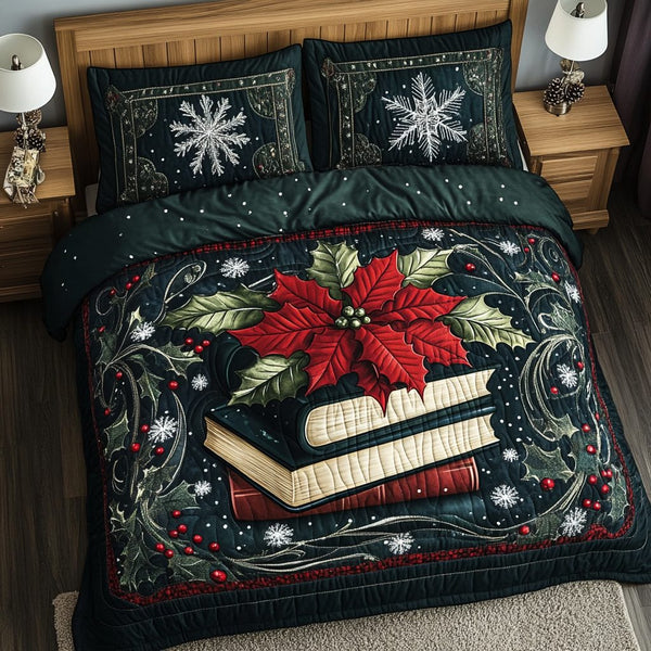 Cozy Reading quilted 3-piece bedding set on a made bed with two matching pillow shams