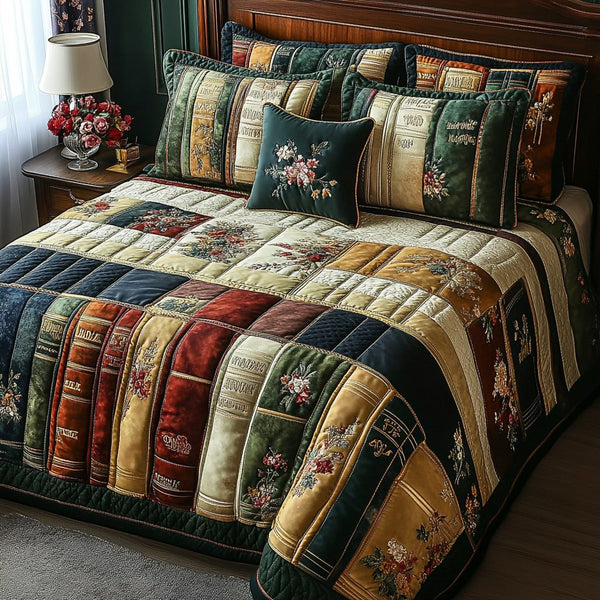 Cozy Reads quilted 3-piece bedding set on a made bed with two matching pillow shams