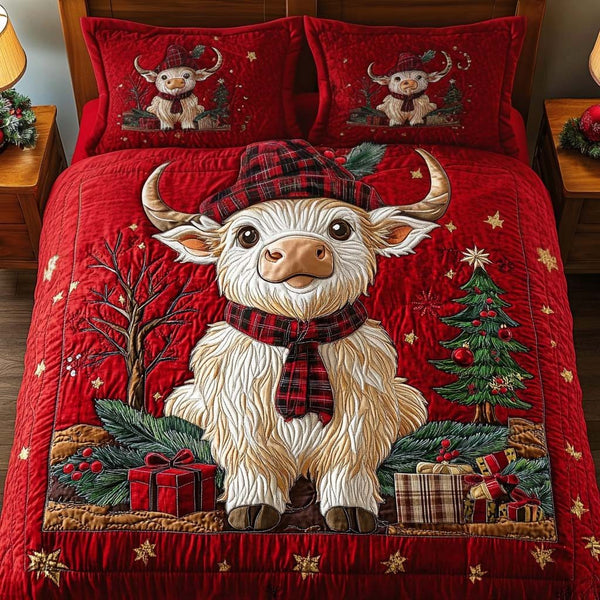 Cozy Red Plaid quilted 3-piece bedding set on a made bed in a farmhouse bedroom