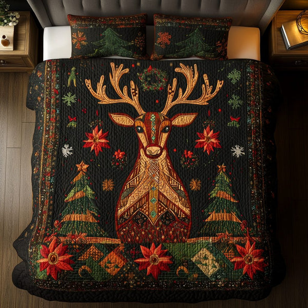 Cozy Reindeer quilted 3-piece bedding set on a made bed in a winter-styled bedroom