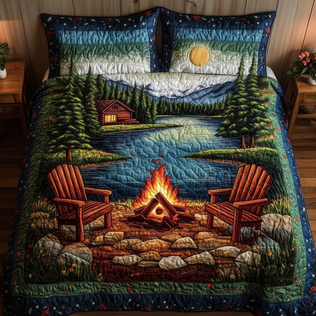 Cozy Retreat quilted 3-piece bedding set on a made bed with two matching pillow shams