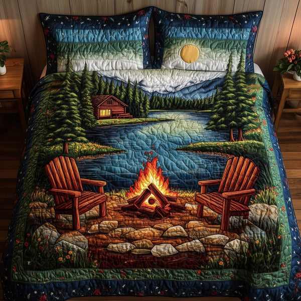 Cozy Retreat quilted 3-piece bedding set on a made bed with two matching pillow shams
