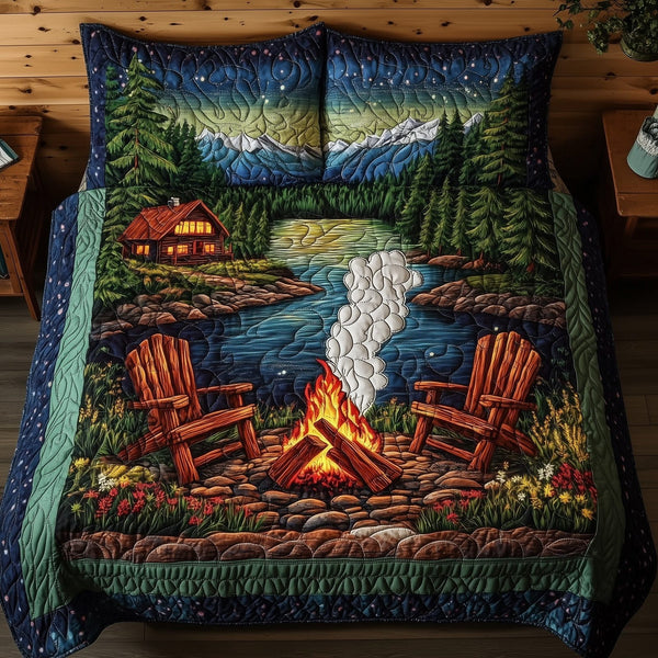 Cozy Retreat quilted 3-piece bedding set on a made bed with two matching pillow shams