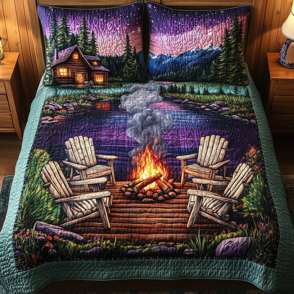 Cozy Retreat quilted 3-piece bedding set on a made bed with two matching pillow shams