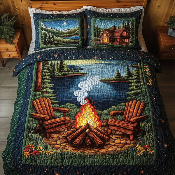 Cozy Retreat quilted 3-piece bedding set on a made bed with two matching pillow shams