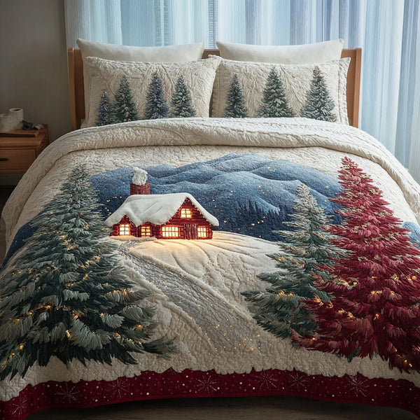 Cozy Retreat quilted 3-piece bedding set on a made bed with two matching pillow shams
