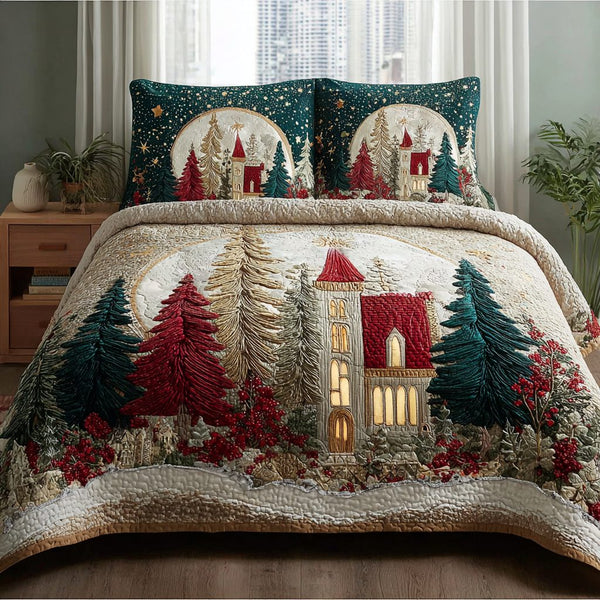 Cozy Retreat quilted 3-piece bedding set on a made bed with two matching pillow shams