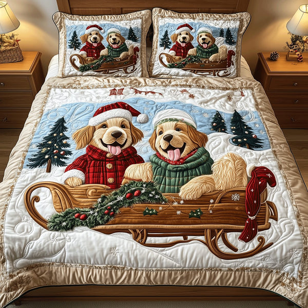 Cozy Retriever Dreams quilted 3-piece bedding set on a made bed with two matching pillow shams