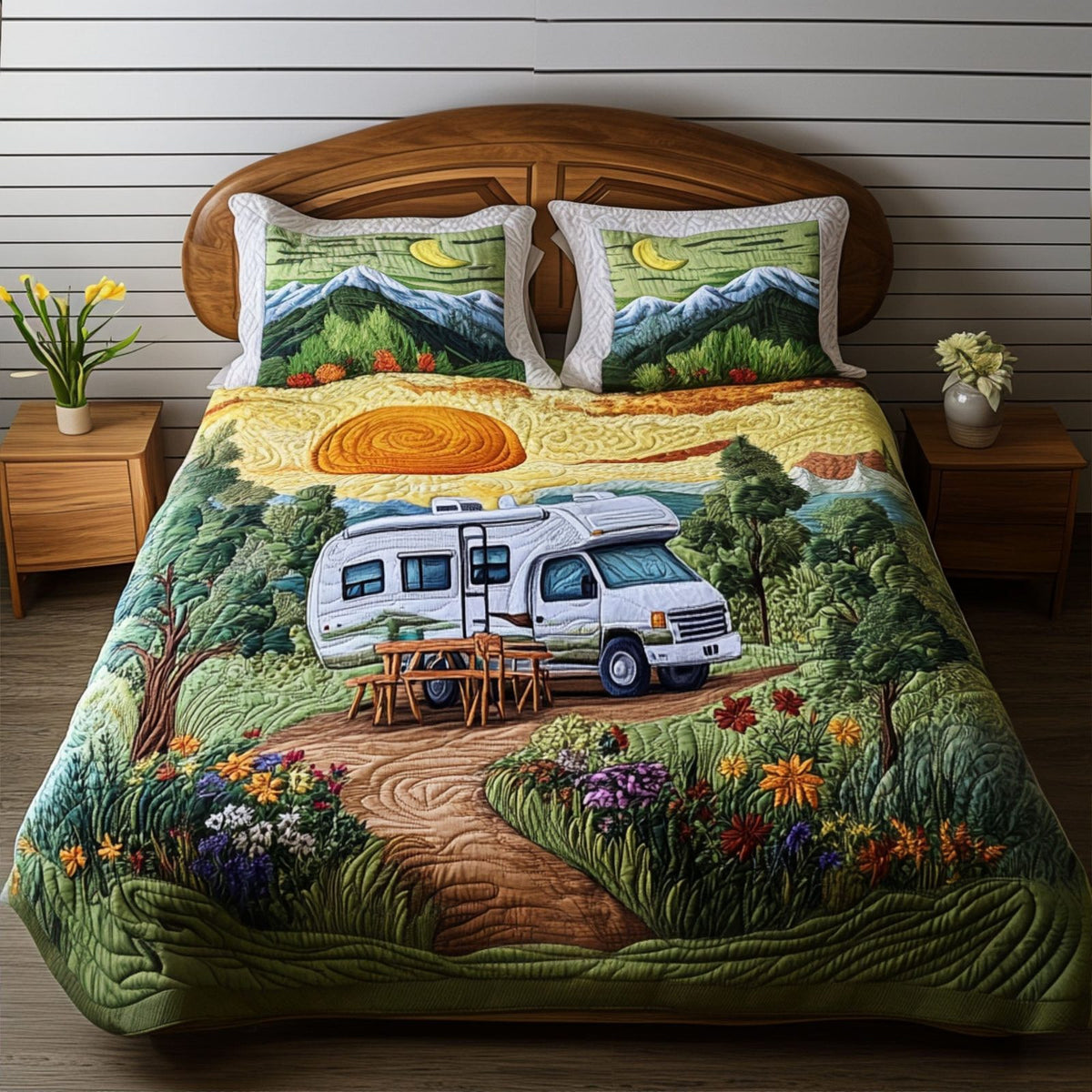 Cozy Road Haven quilted 3-piece bedding set on a made bed with two matching pillow shams