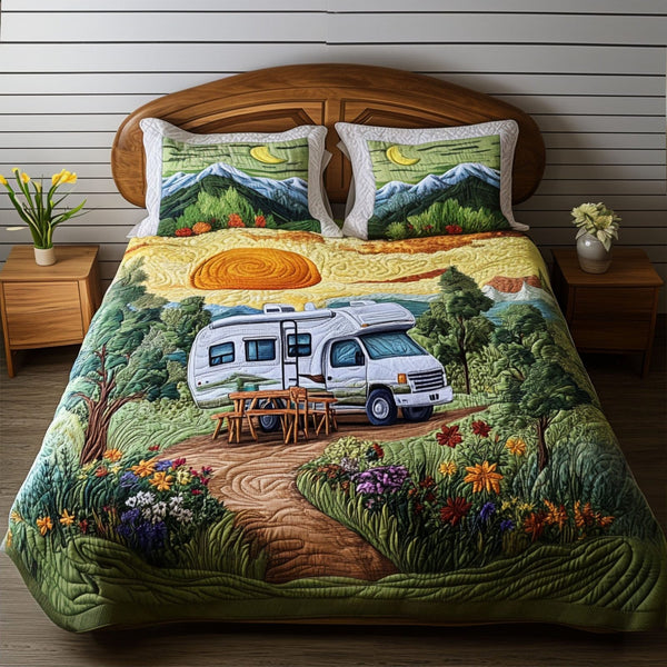 Cozy Road Haven quilted 3-piece bedding set on a made bed with two matching pillow shams