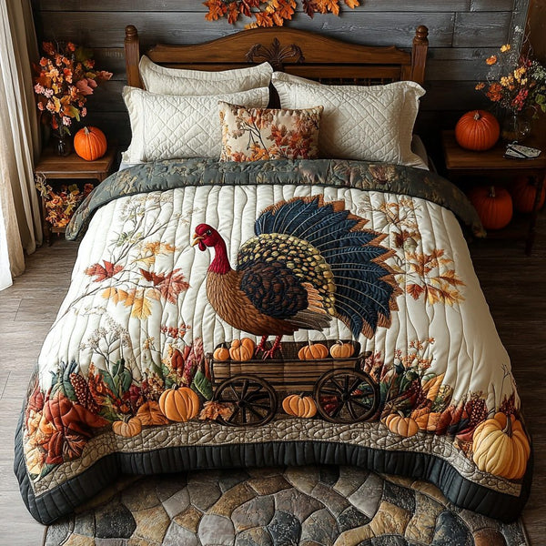 Cozy Roosting quilted 3-piece bedding set on a made bed with two matching pillow shams