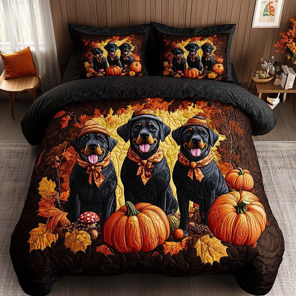 Cozy Rottie quilted 3-piece bedding set on a made bed with two matching pillow shams
