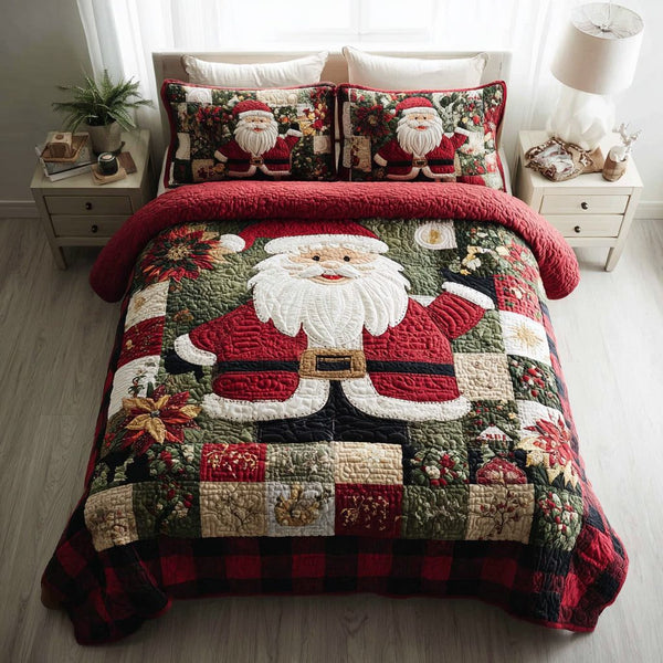 Cozy Santa Claus quilted 3-piece bedding set on a made bed in a winter-styled bedroom