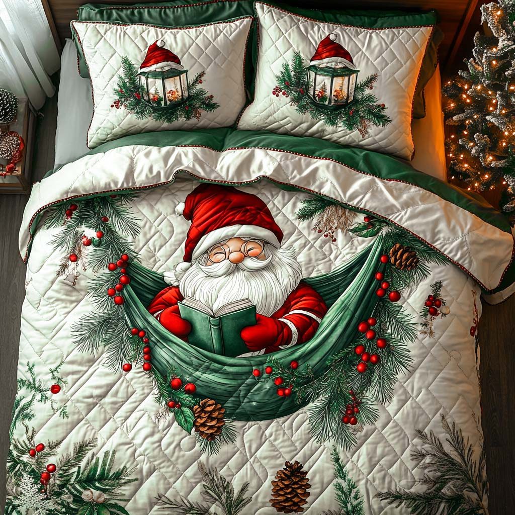 Cozy Santa Spirit quilted 3-piece bedding set on a made bed in a winter-styled bedroom