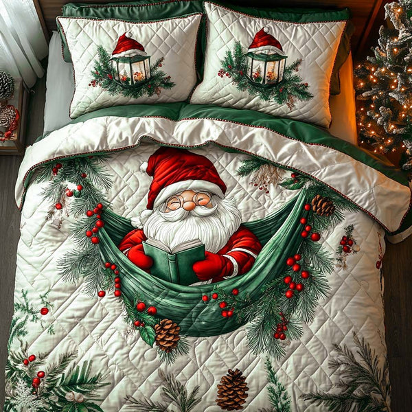 Cozy Santa Spirit quilted 3-piece bedding set on a made bed in a winter-styled bedroom