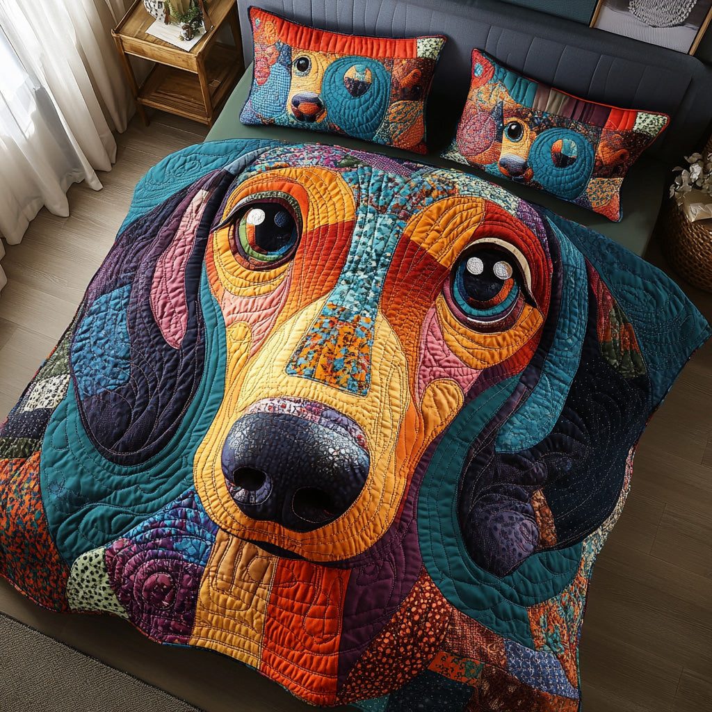 Cozy Sausage quilted 3-piece bedding set on a made bed with two matching pillow shams