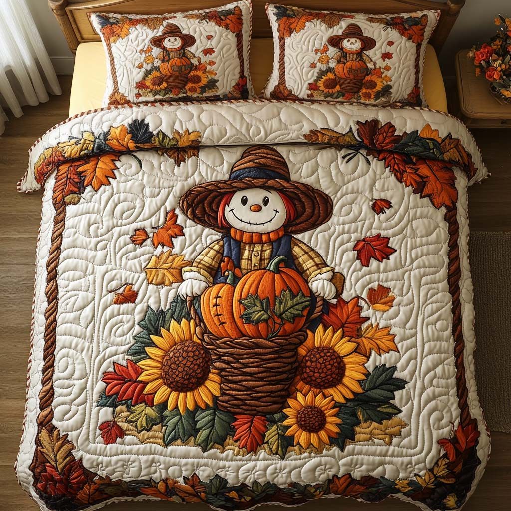 Cozy Scarecrow Days quilted 3-piece bedding set on a made bed with two matching pillow shams