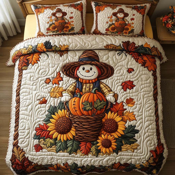 Cozy Scarecrow Days quilted 3-piece bedding set on a made bed with two matching pillow shams
