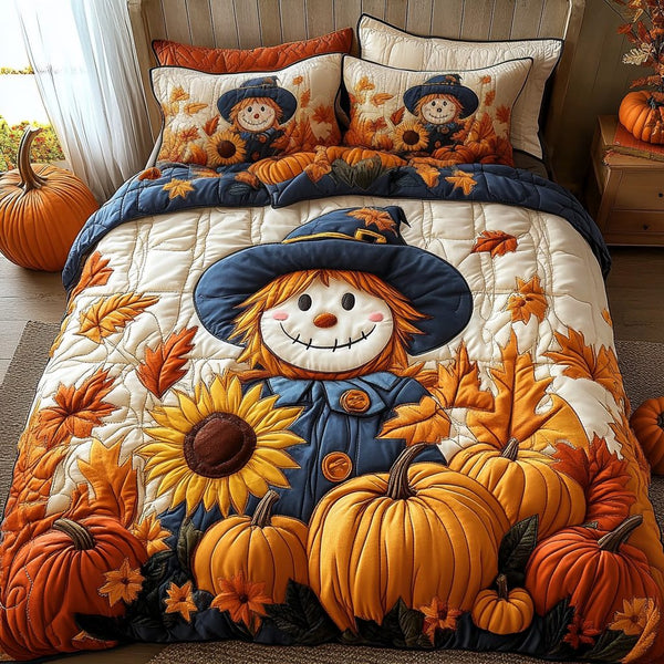 Cozy Scarecrow quilted 3-piece bedding set on a made bed with two matching pillow shams